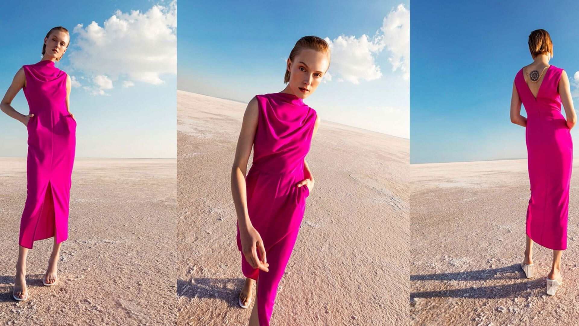 strapless open back dress Hot Pink Racer Neck High Low Frill Hem Midi Dress – AX Paris