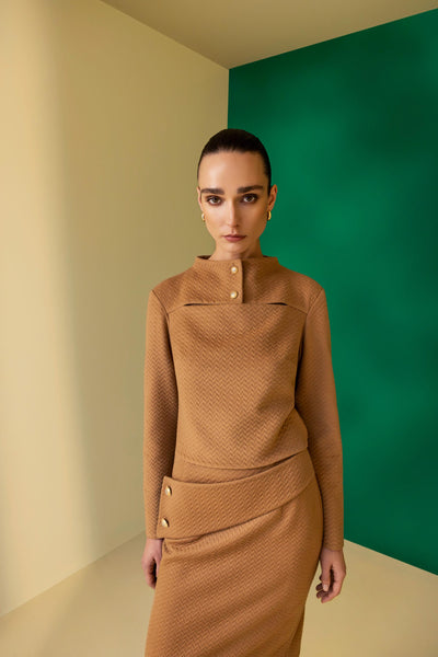 TEXTURED WRAP-NECK BLOUSE WITH V-NECKLINE