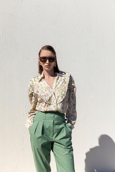 PASTEL FLORAL PRINT RUFFLE DETAIL SHIRT