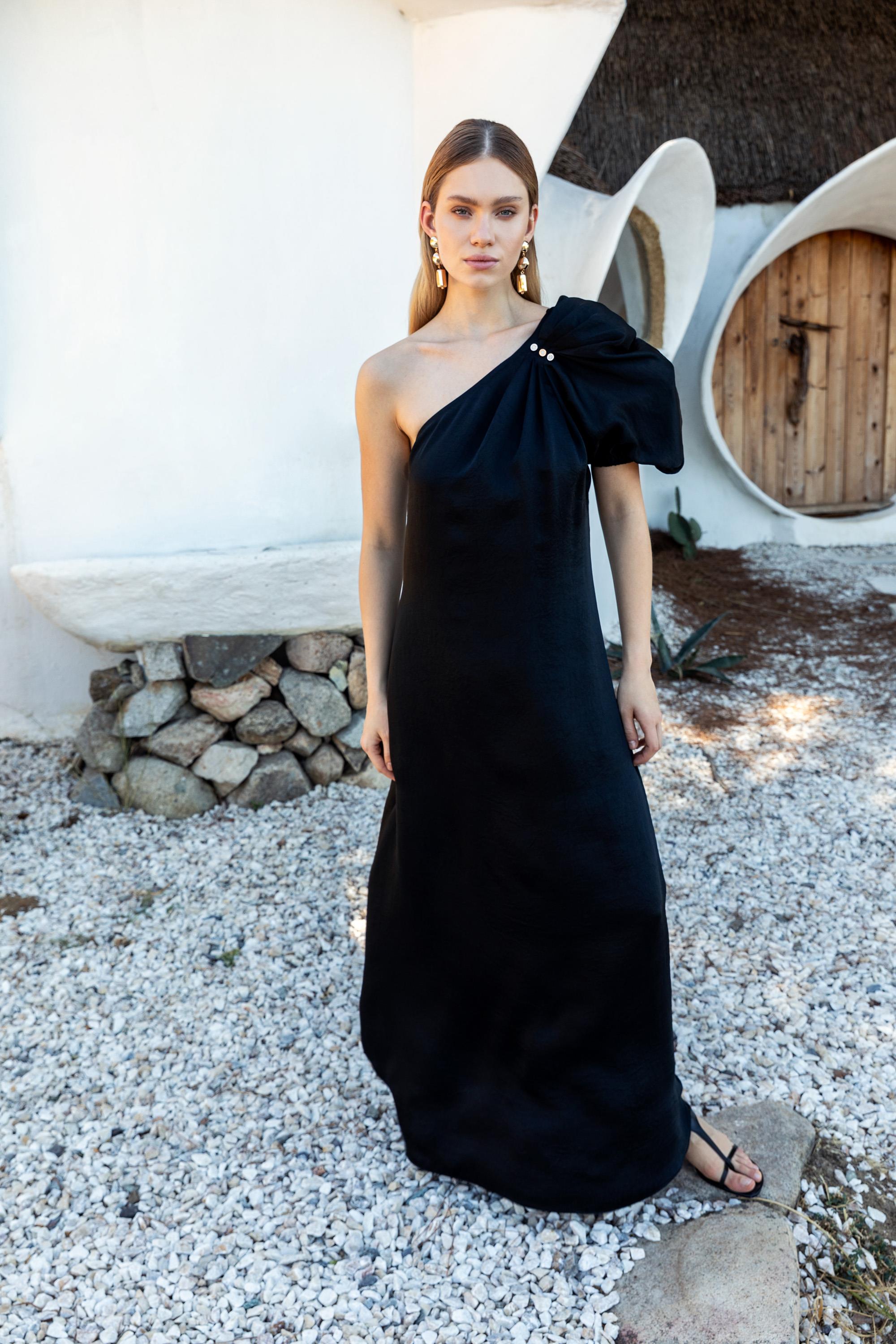 strapless open back dress ONE-SHOULDER DRAPED LONG DRESS