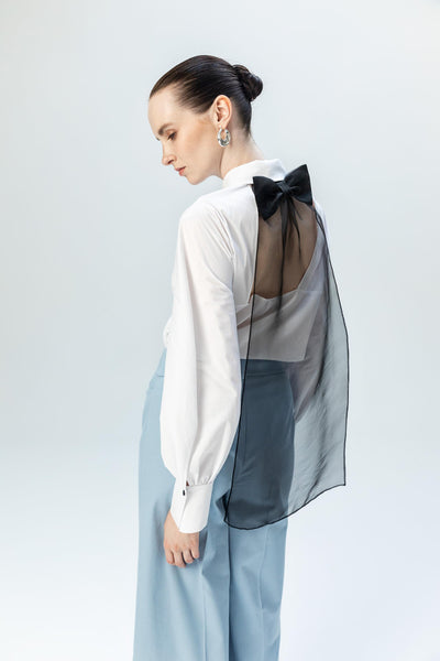 SHIRT WITH TULLE DETAIL AND BOW ACCENT