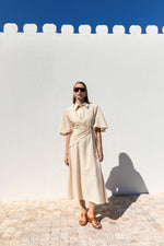 ASYMMETRIC DRAPED MIDI DRESS