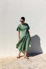 ASYMMETRICAL CUT V-NECK MIDI DRESS