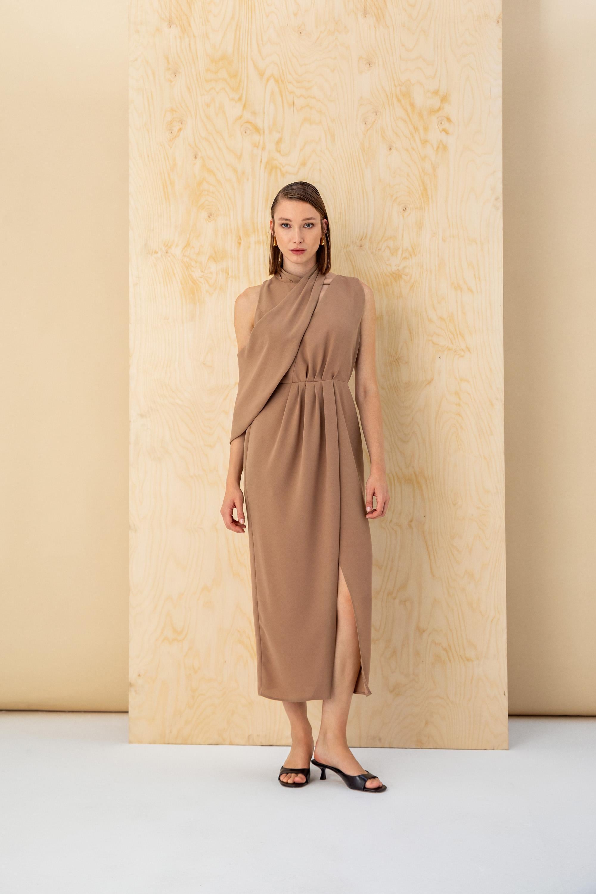 ASYMMETRICAL OFF-SHOULDER MIDI DRESS