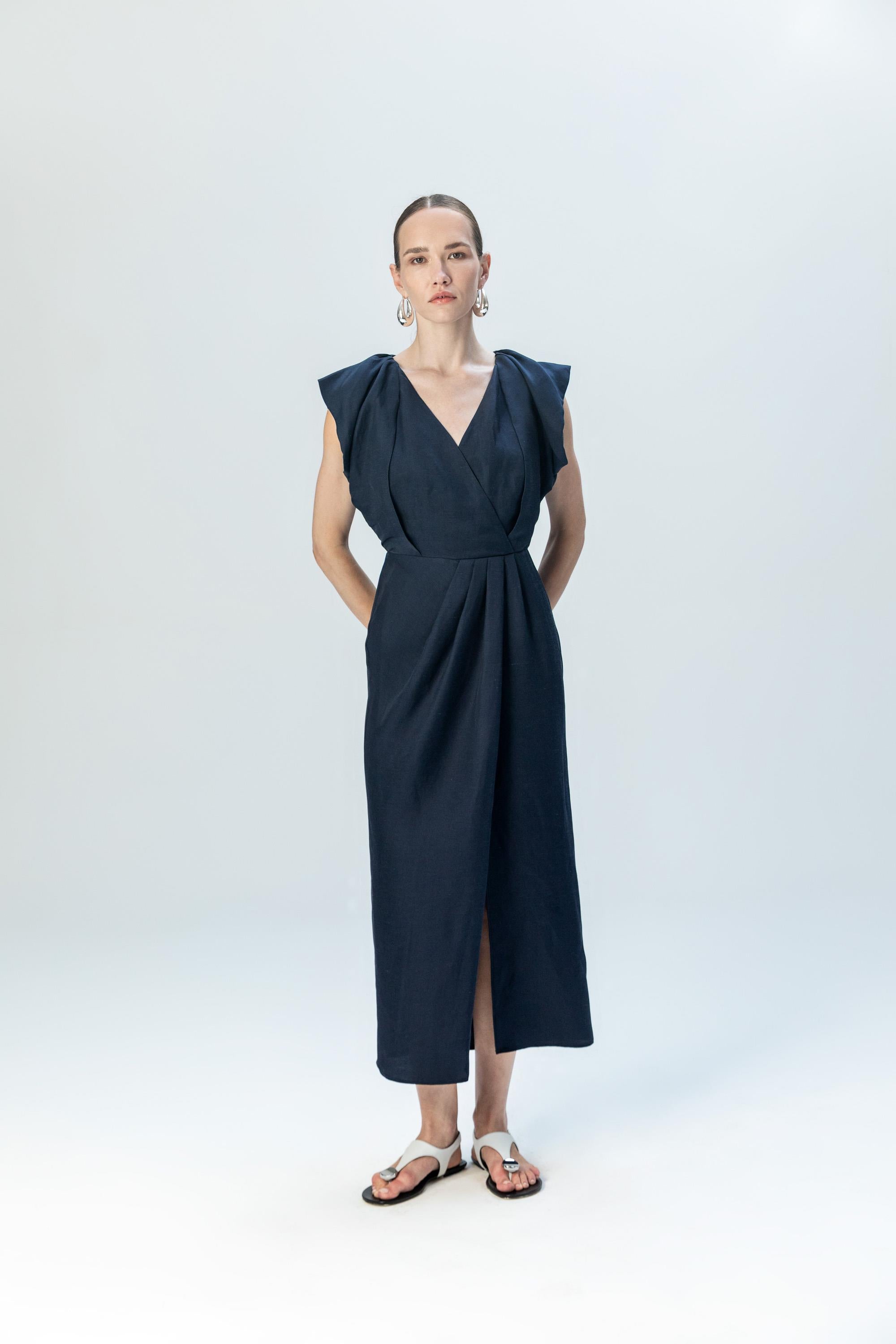 DRAPED V-NECK WRAP LINEN MIDI DRESS