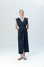 DRAPED V-NECK WRAP LINEN MIDI DRESS