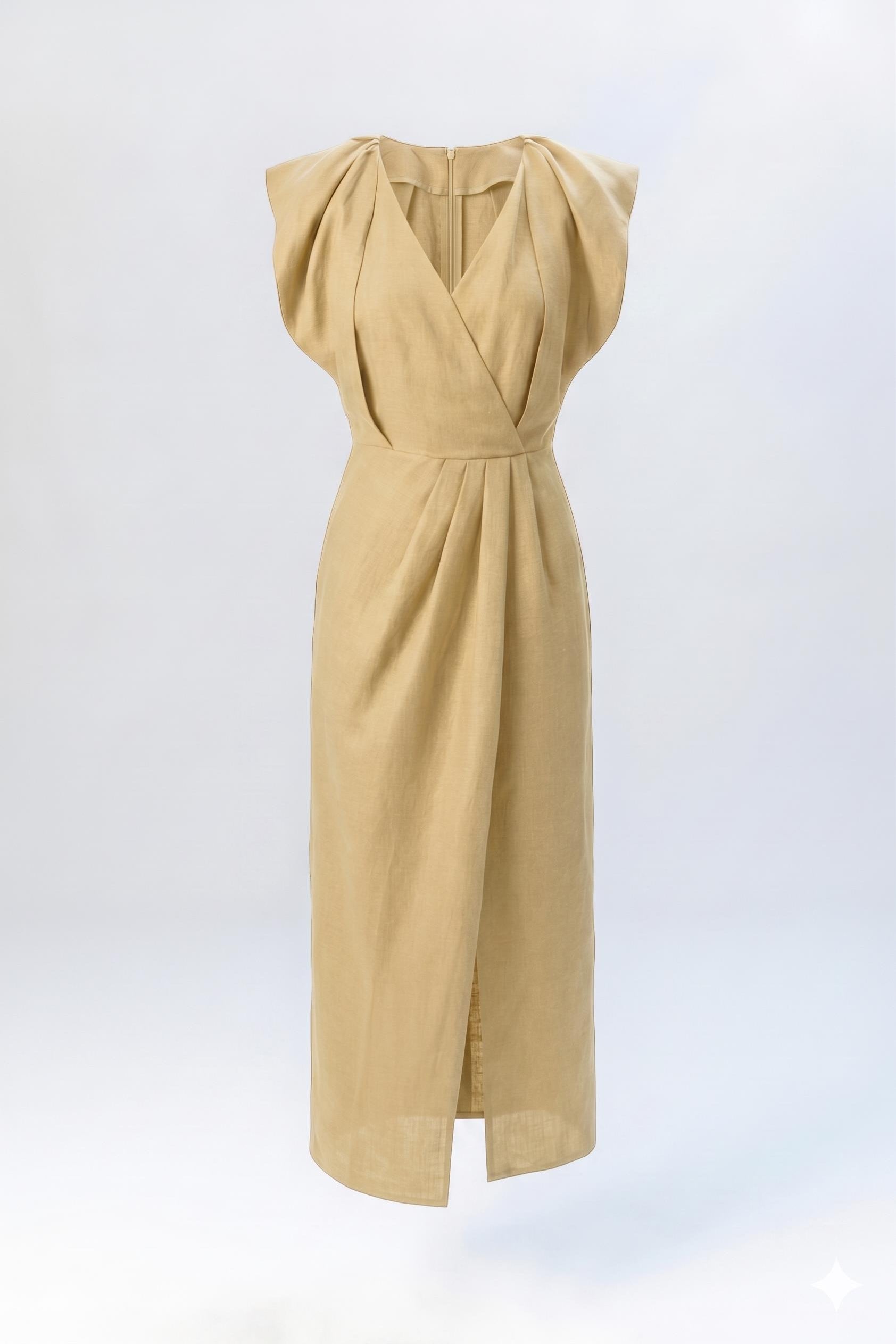 DRAPED V-NECK WRAP LINEN MIDI DRESS