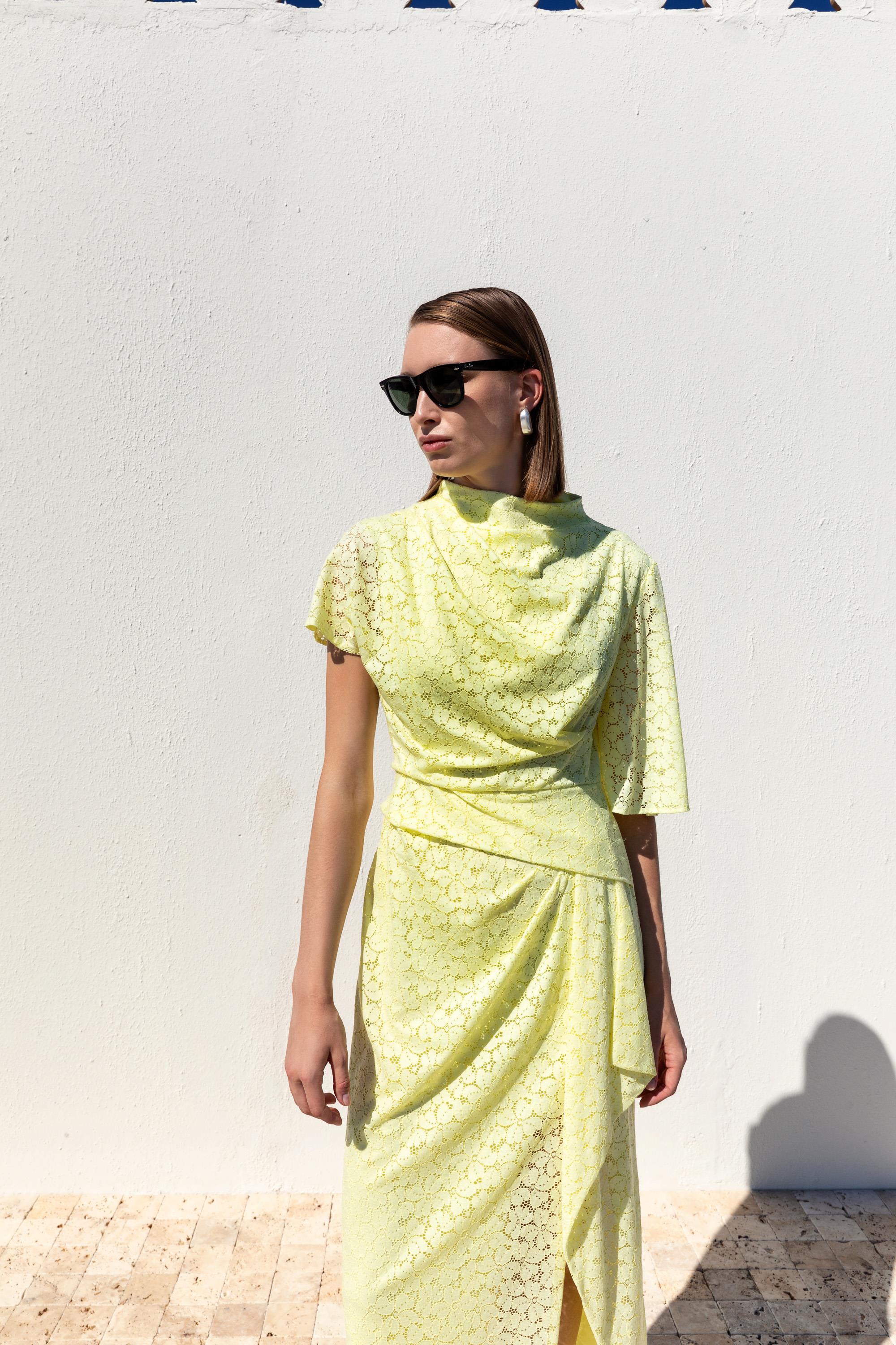 DRAPED ASYMMETRIC SLEEVE LACE DRESS Kameya DRAPED ASYMMETRIC SLEEVE LACE DRESS Kameya