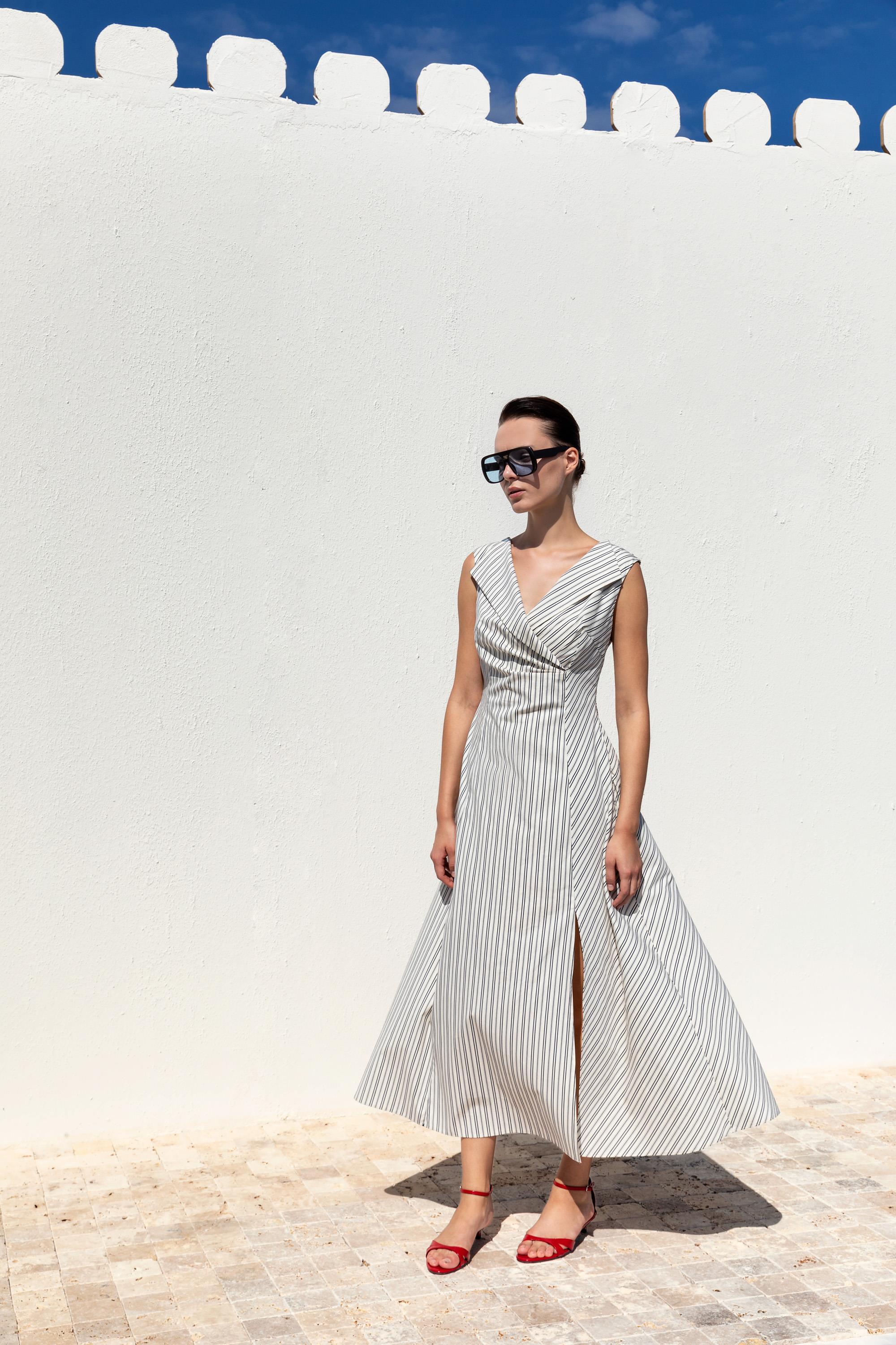 DRAPED STRIPED LONG DRESS