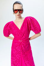 SCULPTURAL OFF-SHOULDER LACE MIDI DRESS