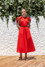 SCULPTURAL SHOULDER-RUFFLED MIDI DRESS