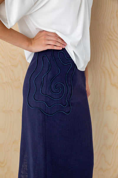 EMBROIDERED LINEN MIDI SKIRT