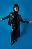 LEATHER COAT WITH LACED SLEEVES 24W50305