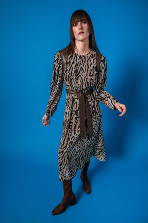 LEOPARD PATTERNED LEATHER DETAILED DRESS 24W40358