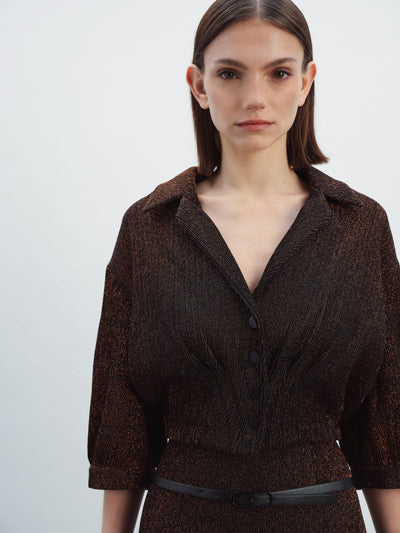 METALLIC TEXTURED WRAP NECK BLOUSE WITH BUTTON DETAIL