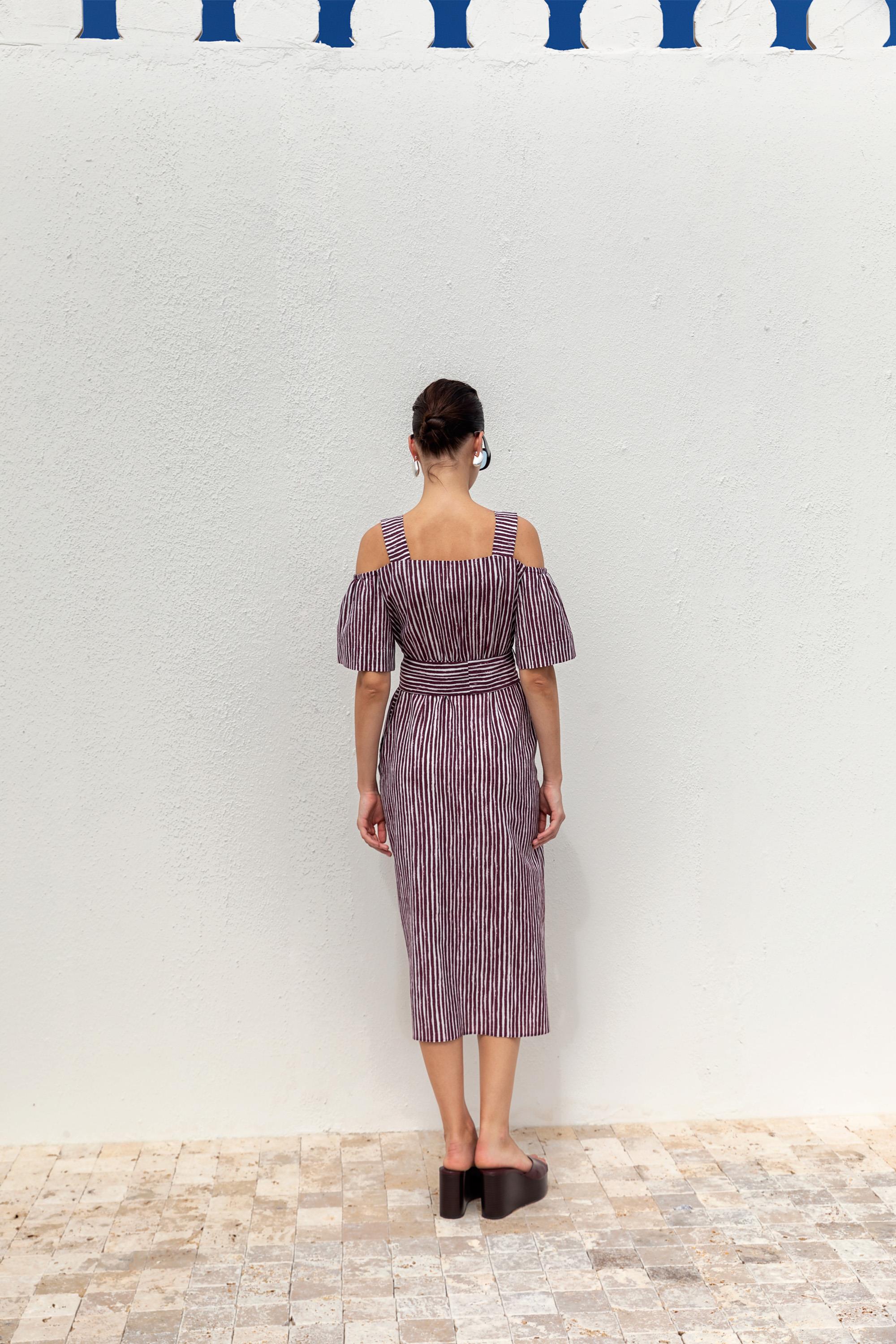 striped off the shoulder midi dress Juvie Stripe Off Shoulder Button Midi Dress DENIM-MULT / S by Sugarlips