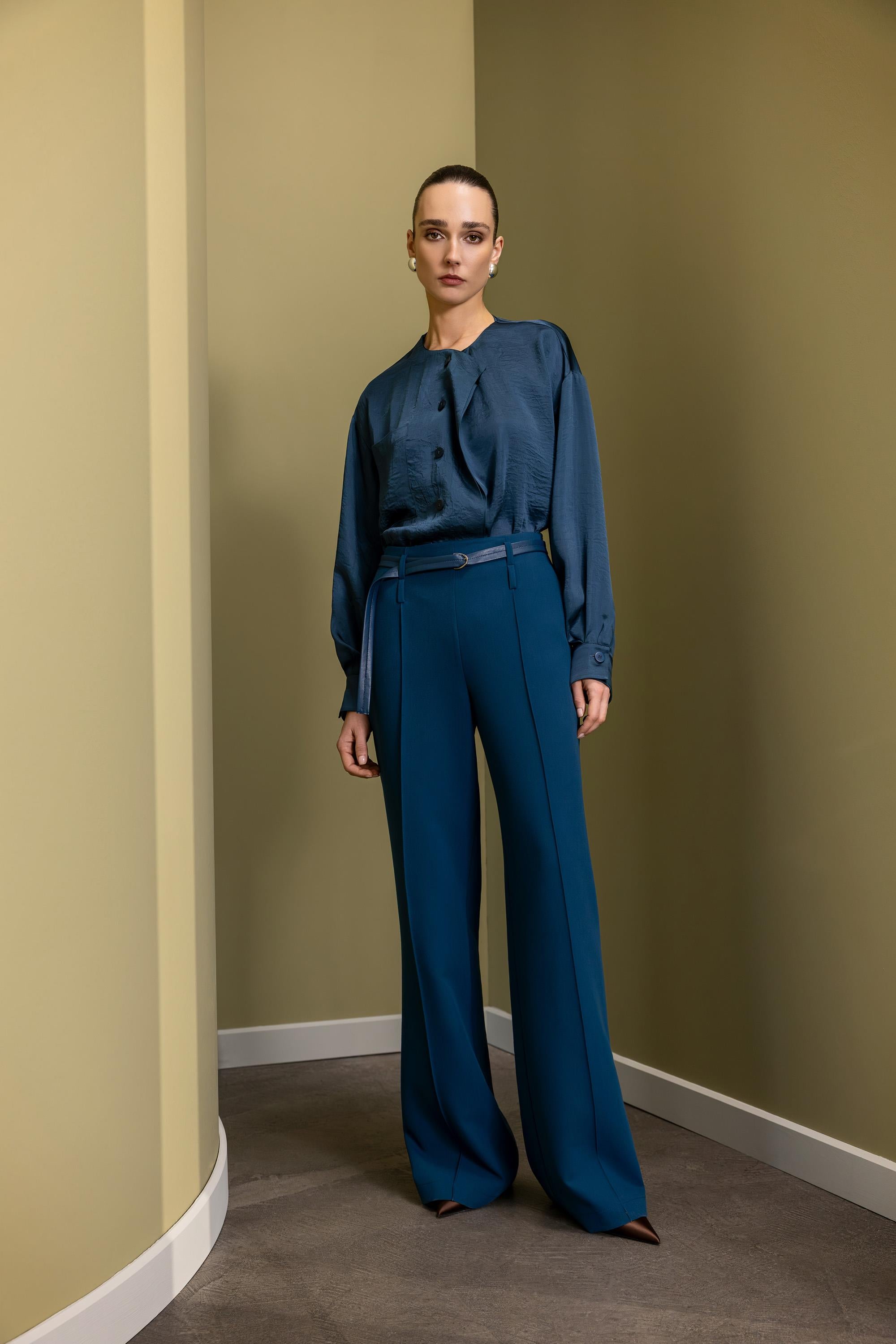 FRONT STITCH DETAIL LEATHER BELTED TROUSERS