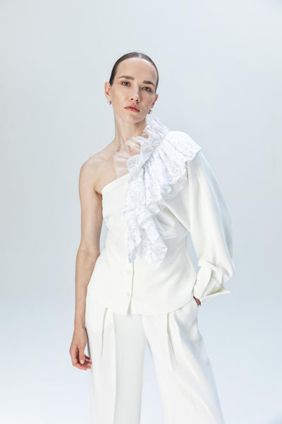 ONE-SHOULDER RUFFLED LACE BLOUSE