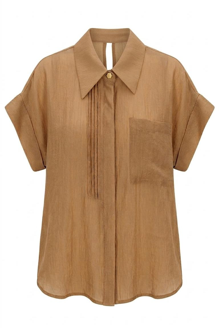 SHEER TEXTURED SHIRT-COLLAR BLOUSE